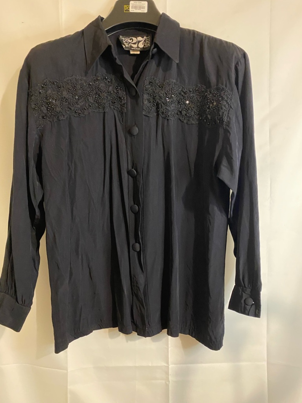 27 Miles Malibu Black Beaded Lace-Trim Button Front Blouse